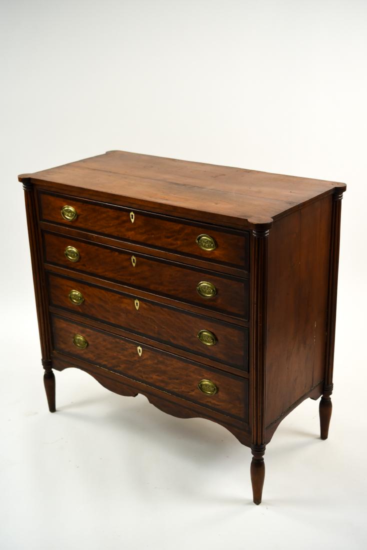 CHEST OF DRAWERS: Dimensions: H 38" x W 41" x D 20.5" Condition: Some mold, should be cleaned. Splits to wood down sides. Few surface scratches. Light finish wear. Few small marks. Small cracks to inlay around keyholes