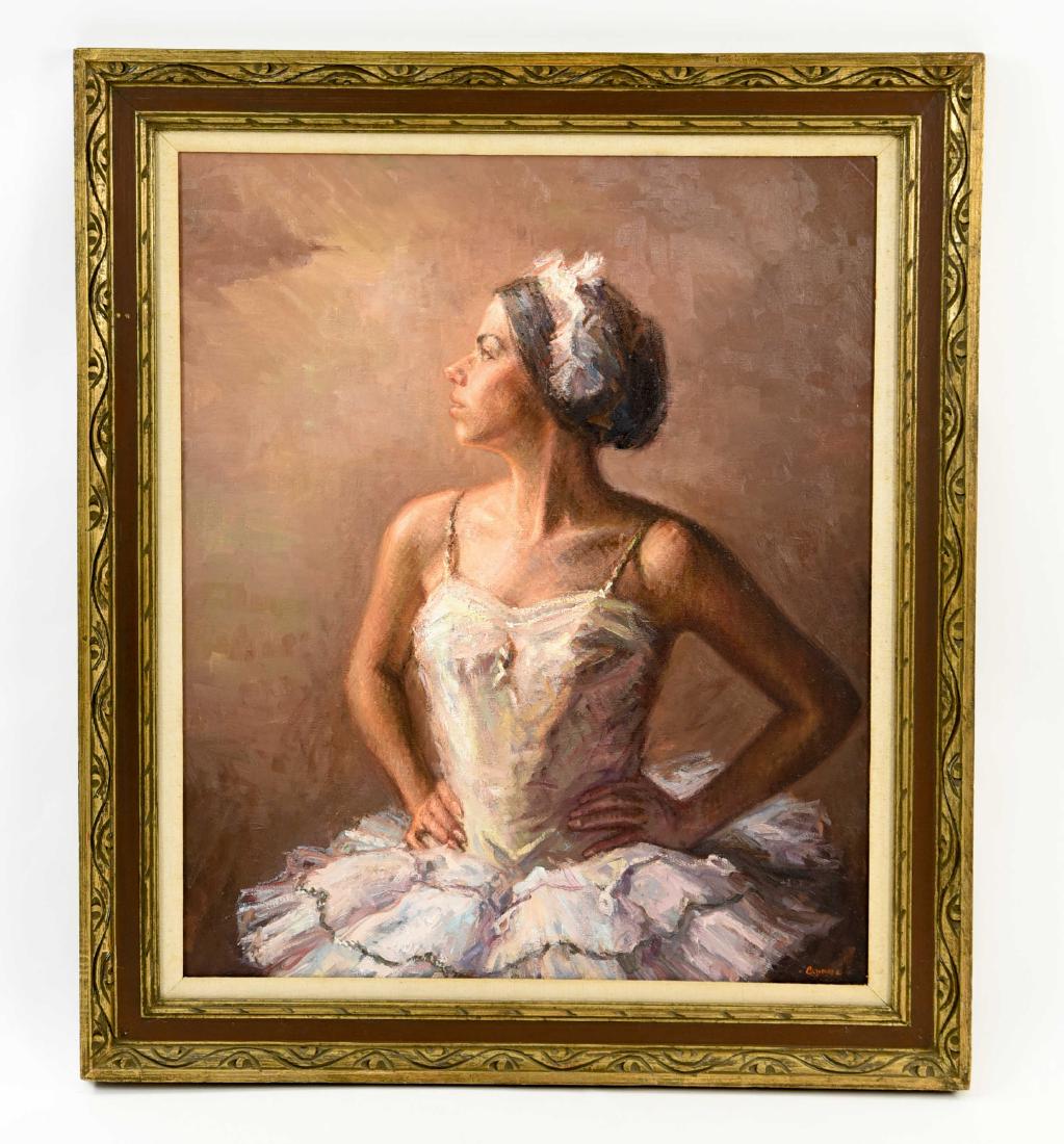 FOSTER CADDELL (AMERICAN 1921 - 2013): Oil on canvas of ballerina. Signed lower right. Inscribed with exhibition labels verso. Dimensions: (Frame) H 44" x W 38.25", (Painting) H 36" x W 30" Condition: Few nicks to frame, linen liner a litt