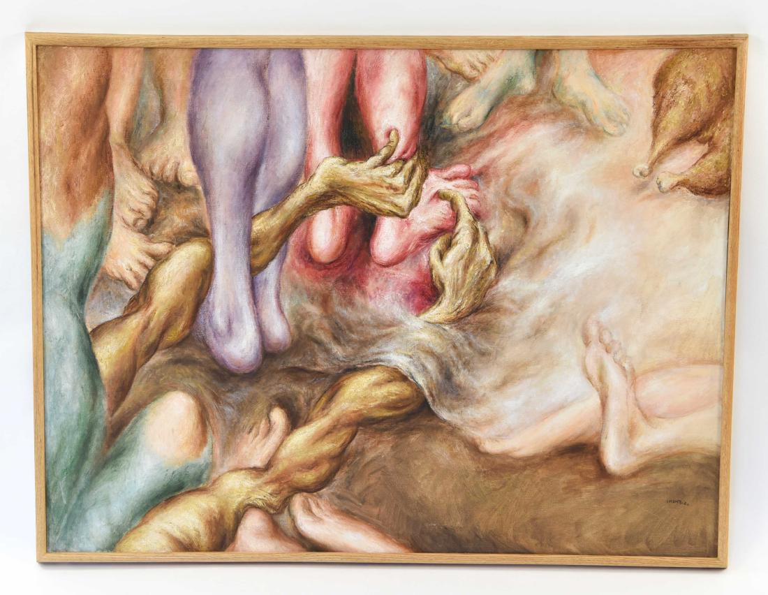 ISAAC MONTEIRO (1938-2008): Titled "Offer + Demmand" and dated 86/7 to verso. Oil on canvas. Signed lower right. Dimensions: (Frame) H 37.5" x W 49.25", (Canvas) H 35" x W 48" Condition: Few shallow surfaces scratches.
