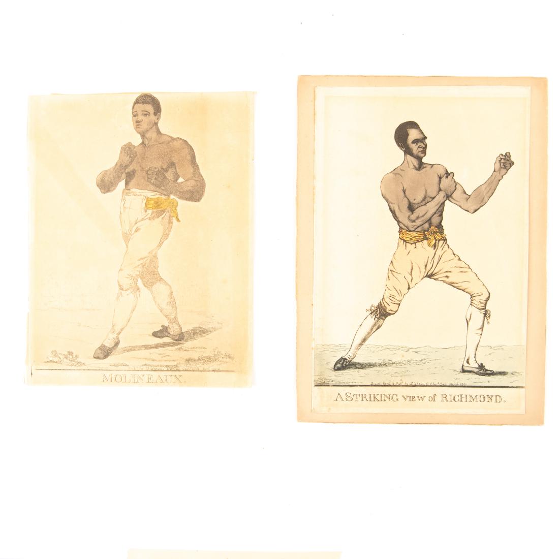 (2) HAND COLORED BOXING ENGRAVINGS: Depicting Boxers Bill Richmond and Tom Molineax, by Dighton, 1810-1812 Dimensions: H 11.75" x W 9" Condition: One is mounted to board with tape that is begining to dry out. Some fading and discolorati