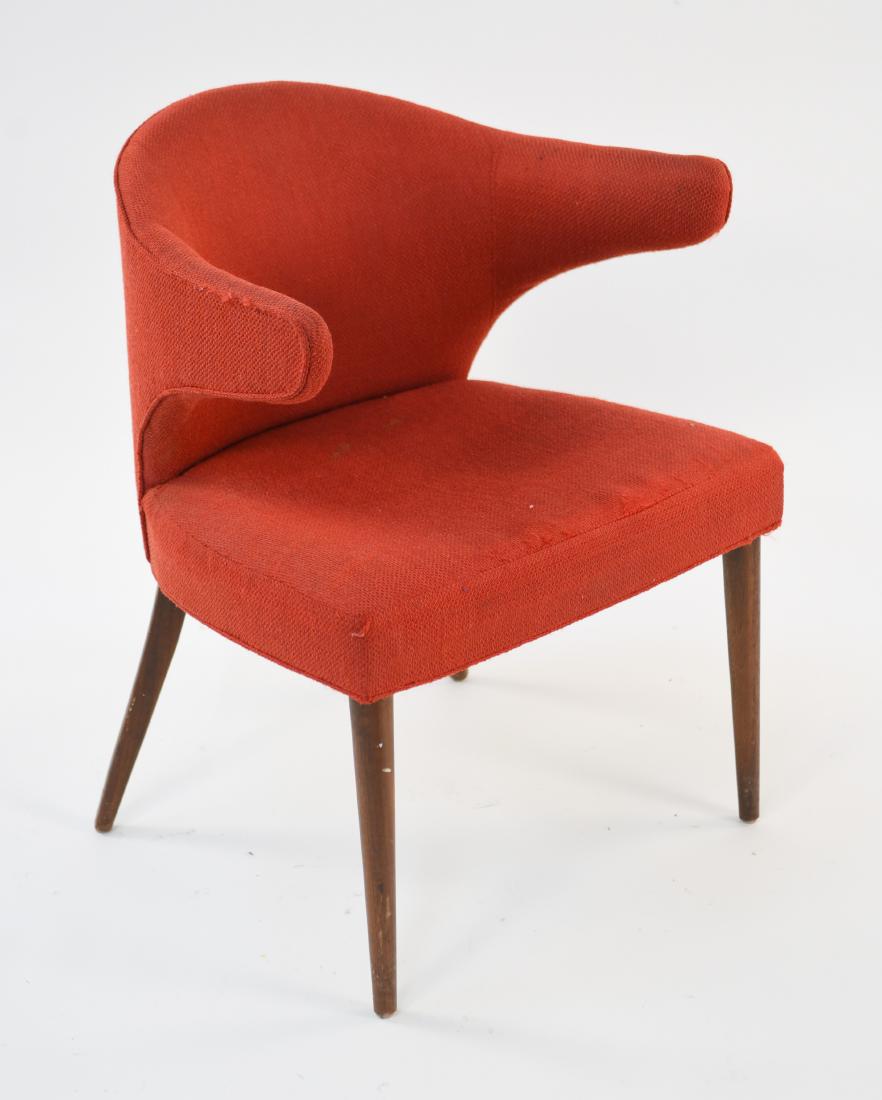 MID-CENTURY MODERN UPHOLSTERED ARMCHAIR: Dimensions: H 31" x W 24" x D 23" Condition: Showing wear consistent with age and use. Couple small stains to upholstery. Some areas with light fraying. Few marks to legs.