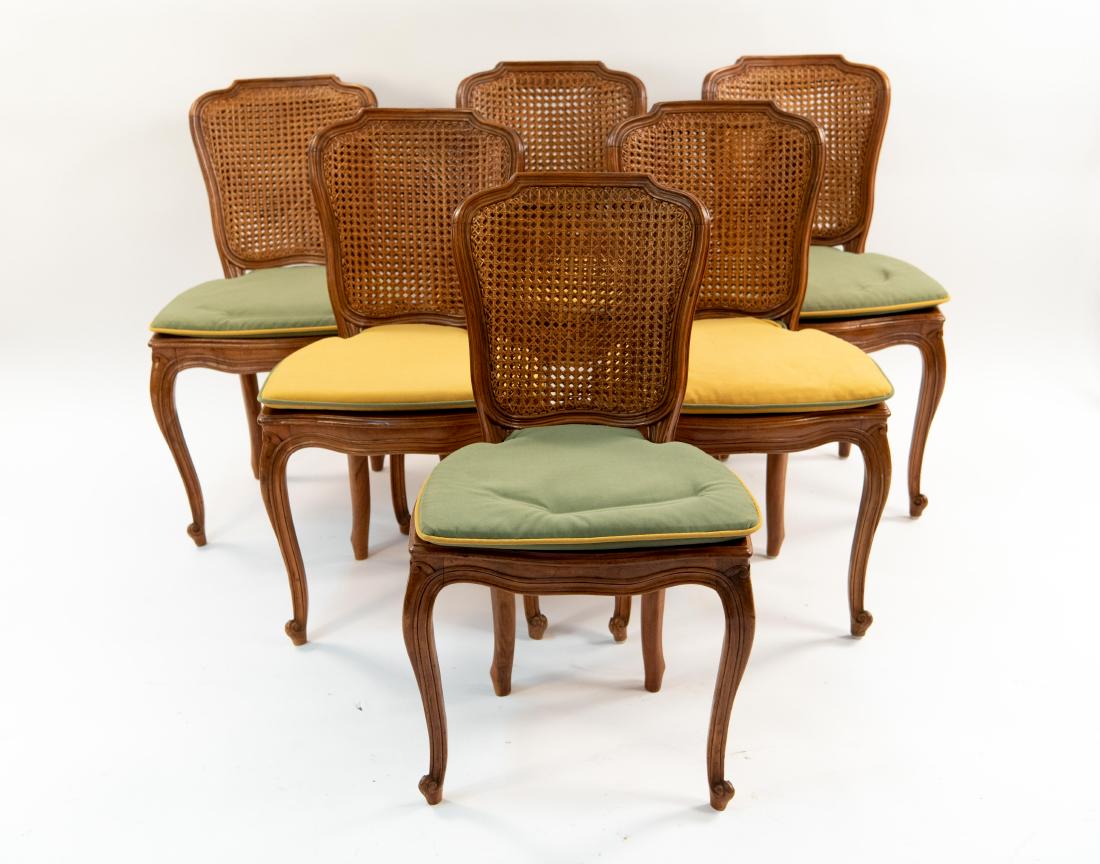 SET OF (6) ITALIAN CANED CHAIRS: Branded under seat: Made in Italy Dimensions: H 35" x W 20" x D 19" Condition: Wear consistent with use. Few breaks to cane. Couple dings and scratches.
