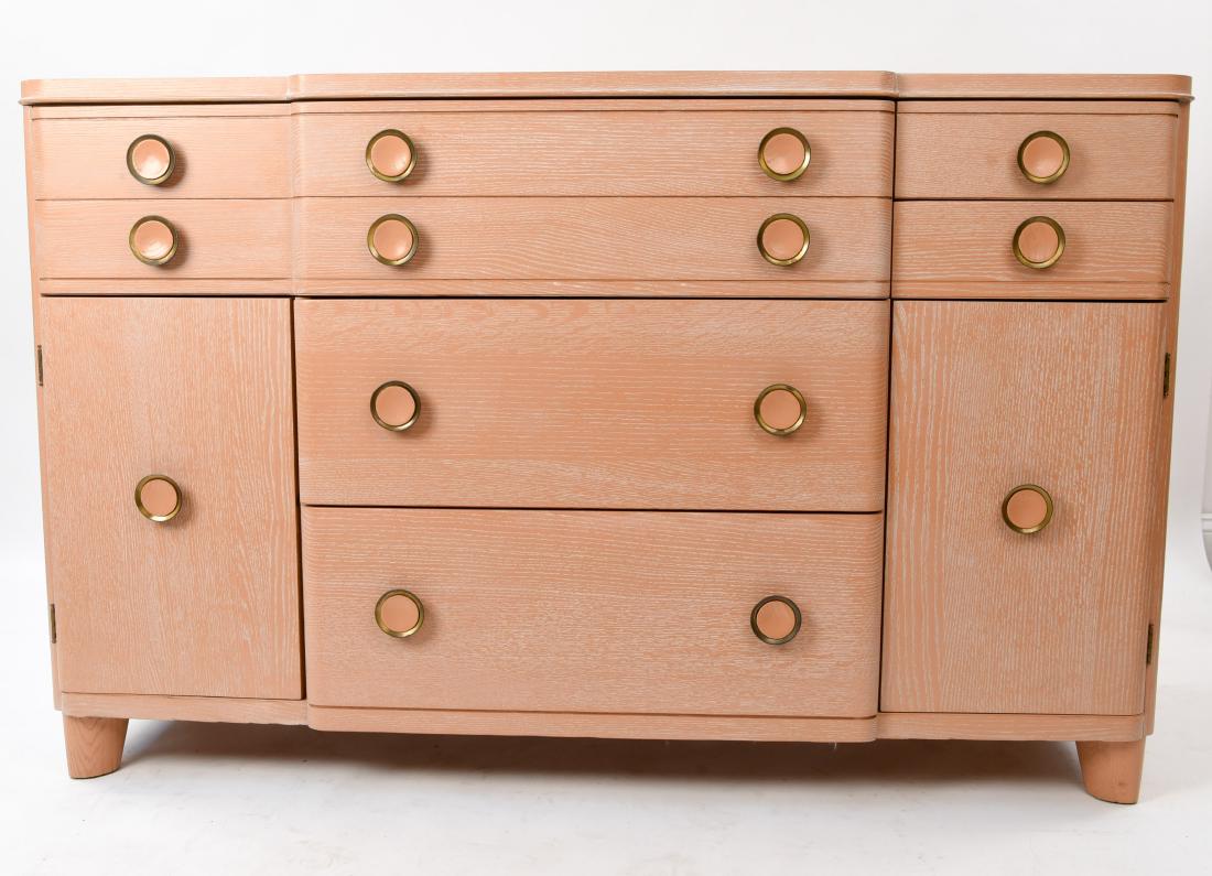 DOROTHY DRAPER STYLE OAK SIDEBOARD: Tagged inside of drawer: Huntington Chair Corp., Huntington, West VA. Dimensions: H 34" x W 53.75" x D 20.75" Condition: Showing light signs of use. Few small surface gouges.