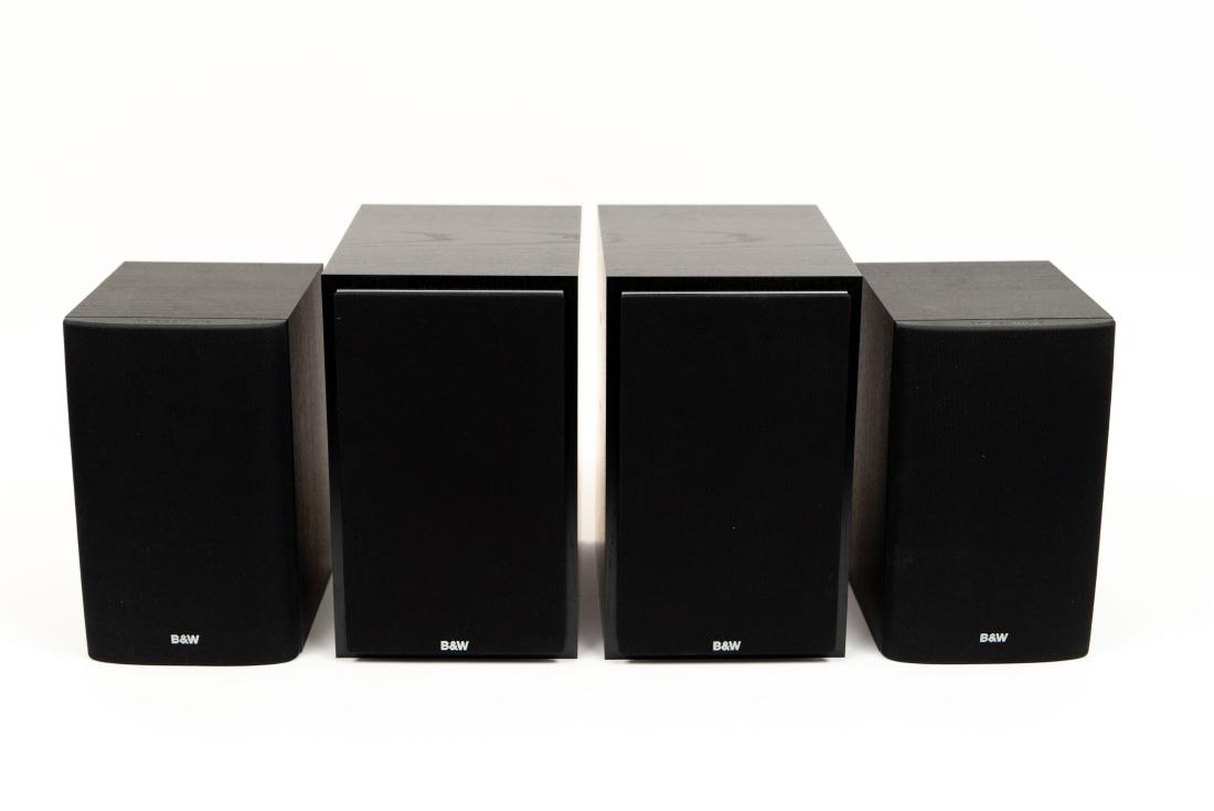 (4) BOWERS & WILKINS SPEAKERS: Dimensions: (Larger) H 12.75" x W 7.75" x D 11" Condition: Not tested. Finish wear.