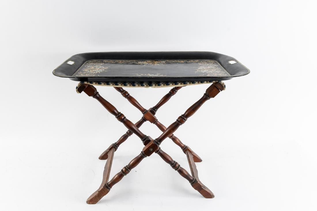 FOLDING TOLE TRAY TABLE: Dimensions: H 21" x W 28.25" x D 21" Condition: Few surface scratches to tray. Few white paint marks, nicks. and dings. Wear to edges of tray.