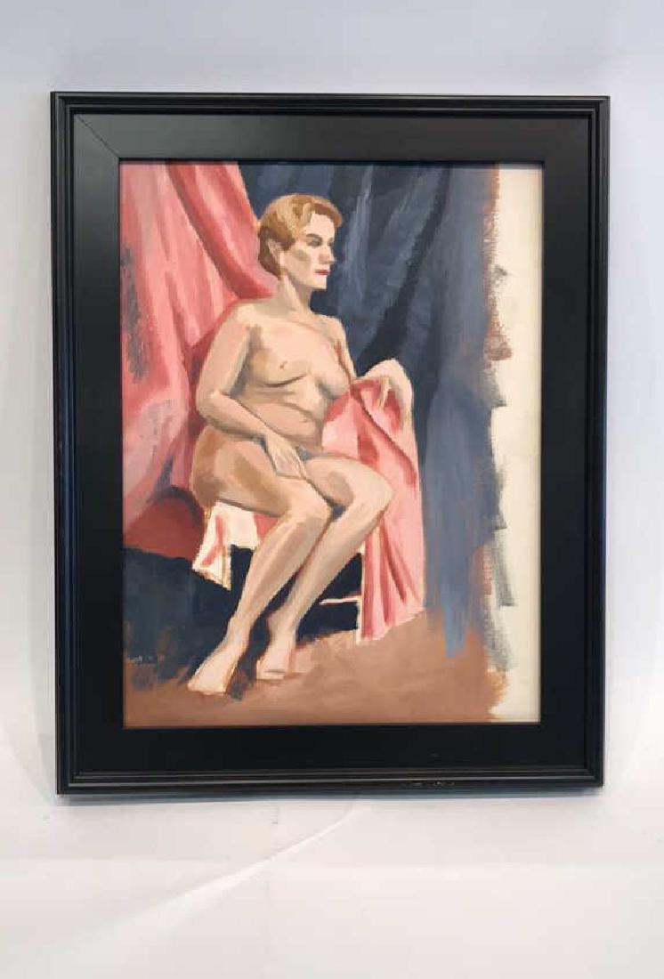 FIGURATIVE FEMALE NUDE O/B: Unsigned, Oil on board, Reclining female nude on red and black curtains. C.1960s/1970s. From California family, bay area. Dimensions: (Frame) H 29.5" x W 23.25", (Sight) H 23.5" x W 17.25" Condition: 