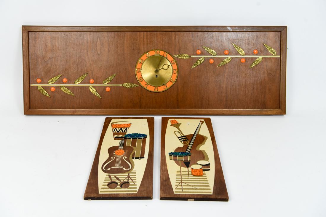 MID-CENTURY THREE-PIECE WALL CLOCK: Dimensions: (Largest) H 31.5" x W 22.75" x D 2.5" Condition: Not tested. Some surface scratches. Finish wear to wood. Ding to corner of one side piece.