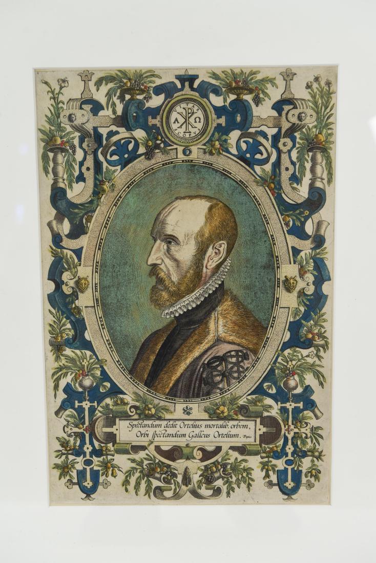 PORTRAIT ENGRAVING OF ABRAHAM ORTELIUS 1579: Engraved portrait of Ortelius with original hand coloring, from his Theatrum Orbis Terrarum, 1579. Dimensions: (Frame) H 20" x W 16", (Sight) H 12.5" x W 8.25" Condition: No issues to note. Unexamined