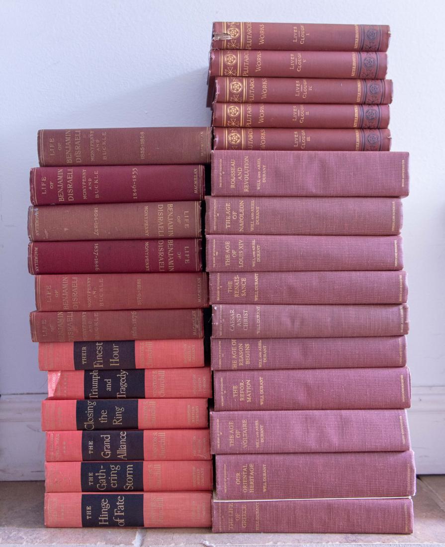 GROUPING OF VINTAGE BOOKS: (27) books including Plutarch's Works, Life of Benjamin Disraeli, etc. Dimensions: (Largest) H 9.75" x W 7" x D 2" Condition: Uncollated, used.