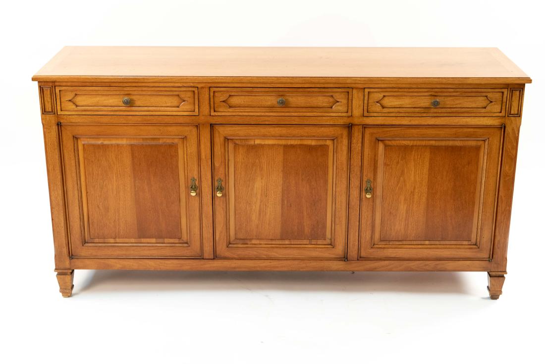 BODART SIDEBOARD OR SERVER: Marked inside of drawer: Bodart Dimensions: H 33.5" x W 65" x D 19" Condition: Wear consistent with use. Some scratches and watermarks. Right side cabinet door pull needs to be reattached.