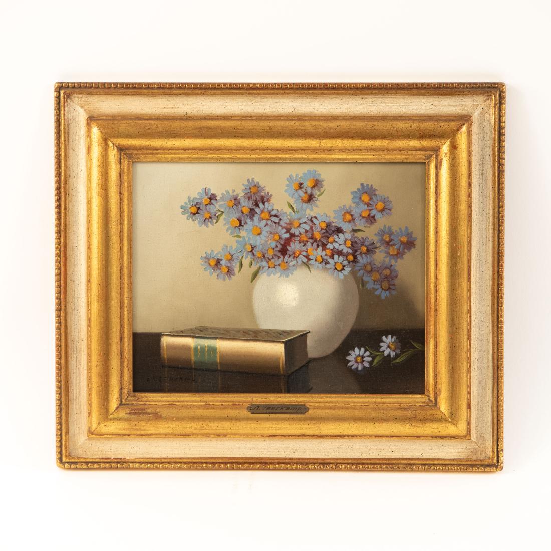 A. VEERKAMP OIL ON CANVAS STILL LIFE: Signed to lower left and with artist name plaque. Back of canvas stamped Made in the Netherlands. Dimensions: (Frame) H 12.75" x W 14.5", (Sight) H 7.5" x W 9.5" Condition: Light frame wear.