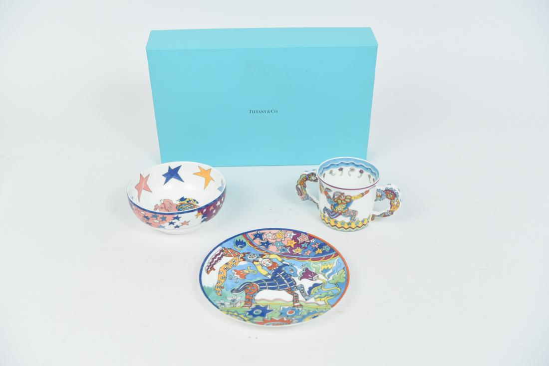 TIFFANY CHILDS SET: (3) piece set. Dimensions: (Box) H 7" x W 13.25" x D 8.25" Condition: New in box.