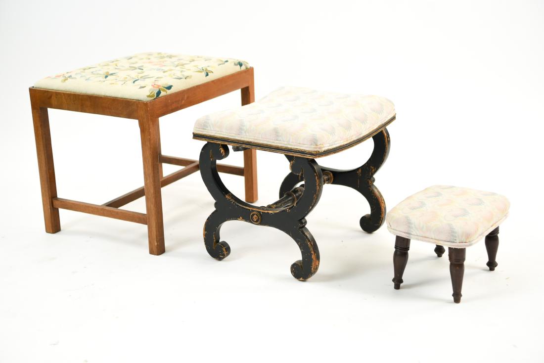 GROUPING OF STOOLS / OTTOMANS: (3) ottomans. Dimensions: (Largest) H 17" x W 19.5" x D 15.5" Condition: Few small spots to upholstery. Paint loss. Nicks and dings.