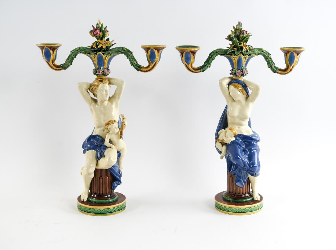 MINTON FIGURAL MAJOLICA CANDLE HOLDERS: Dimensions: H 20" x D 13.5" Condition: No issues to note.