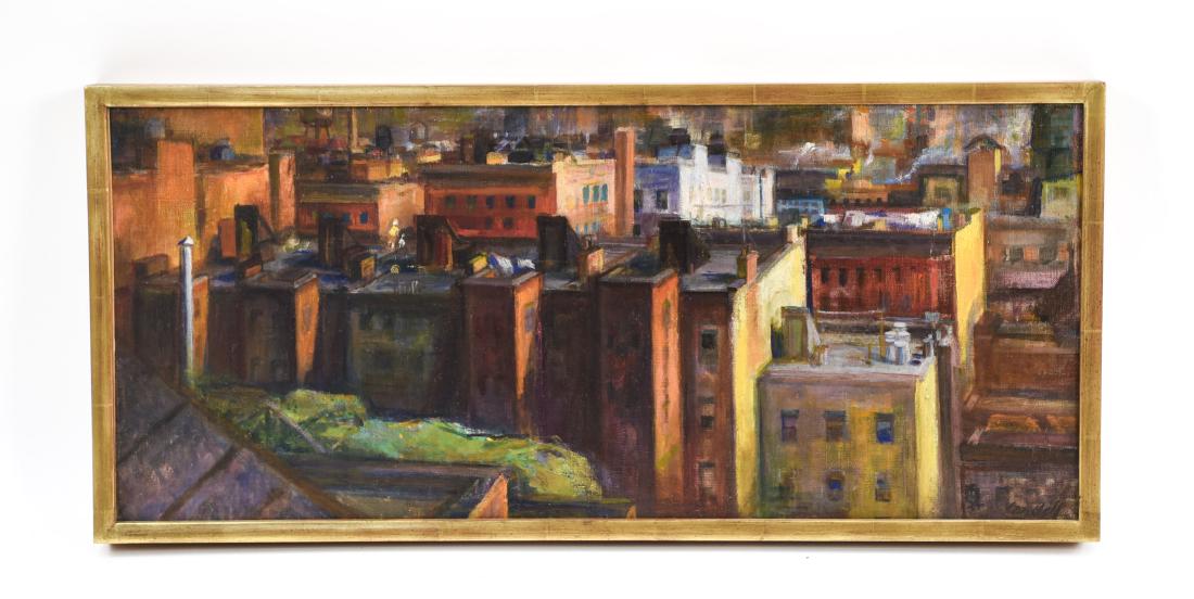 VICTOR CANDELL (HUNGARIAN/AMERICAN 1903-1977): Signed lower right. Oil on canvas cityscape. Dated '41. Dimensions: (Frame) H 14" x W 30.5" Condition: Some marks to frame.