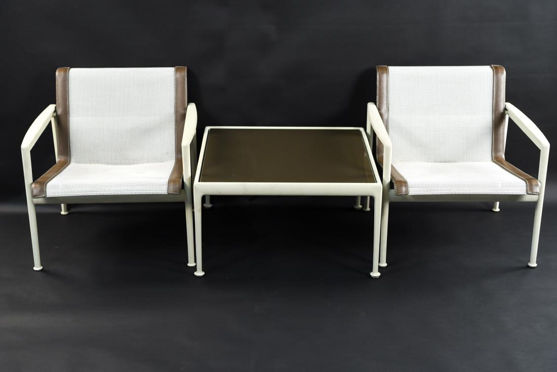RICHARD SCHULTZ LOUNGE CHAIRS & COCKTAIL TABLE: All with original Knoll covers. Two chairs and one table. Dimensions: (Chair) H 26" x W 26.5" x D 27", (Table) H 15.5" x W 28" x D 28" Condition: Repair to seat of one chair. Some marks to paint. Wear