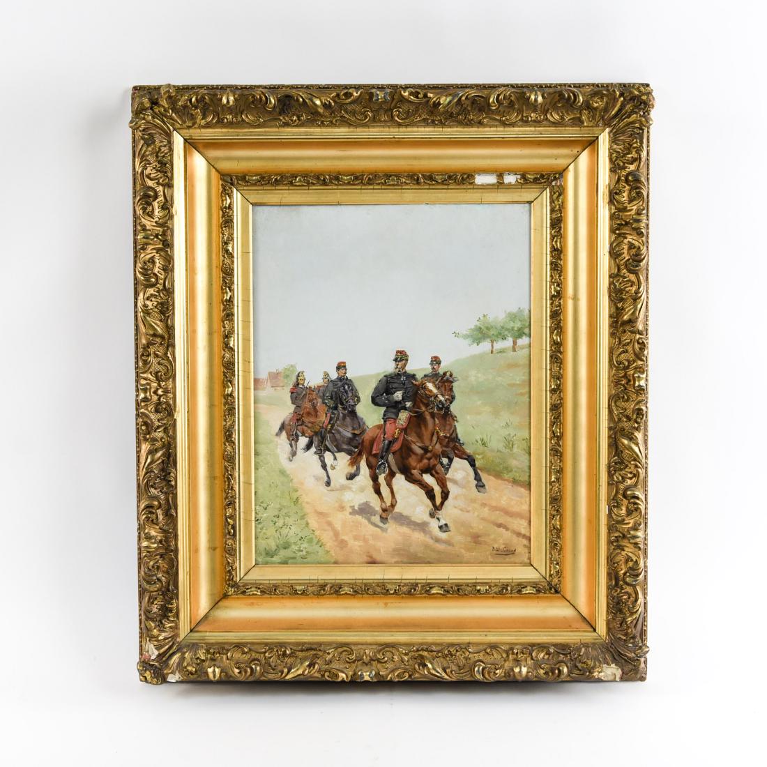 19TH C. FRENCH OIL OF PRUSSIAN OFFICERS: Oil on wood panel. Signed lower right. Dimensions: (Frame) H 29" x W 25", (Sight) H 17.5" x W 13.5" Condition: Some losses to the frame.