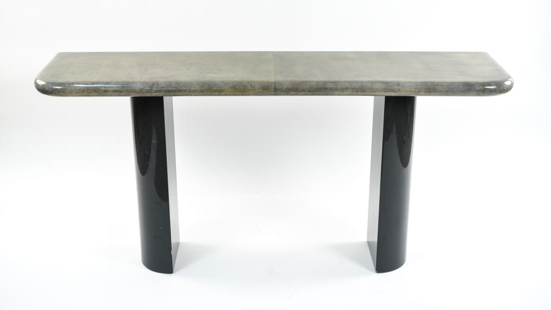 ITALIAN GOATSKIN LEATHER CONSOLE: Dimensions: H 30" x W 63" x D 15.75" Condition: Scratches and scuffs. Few small stains to surface. Chip to edge of one leg.