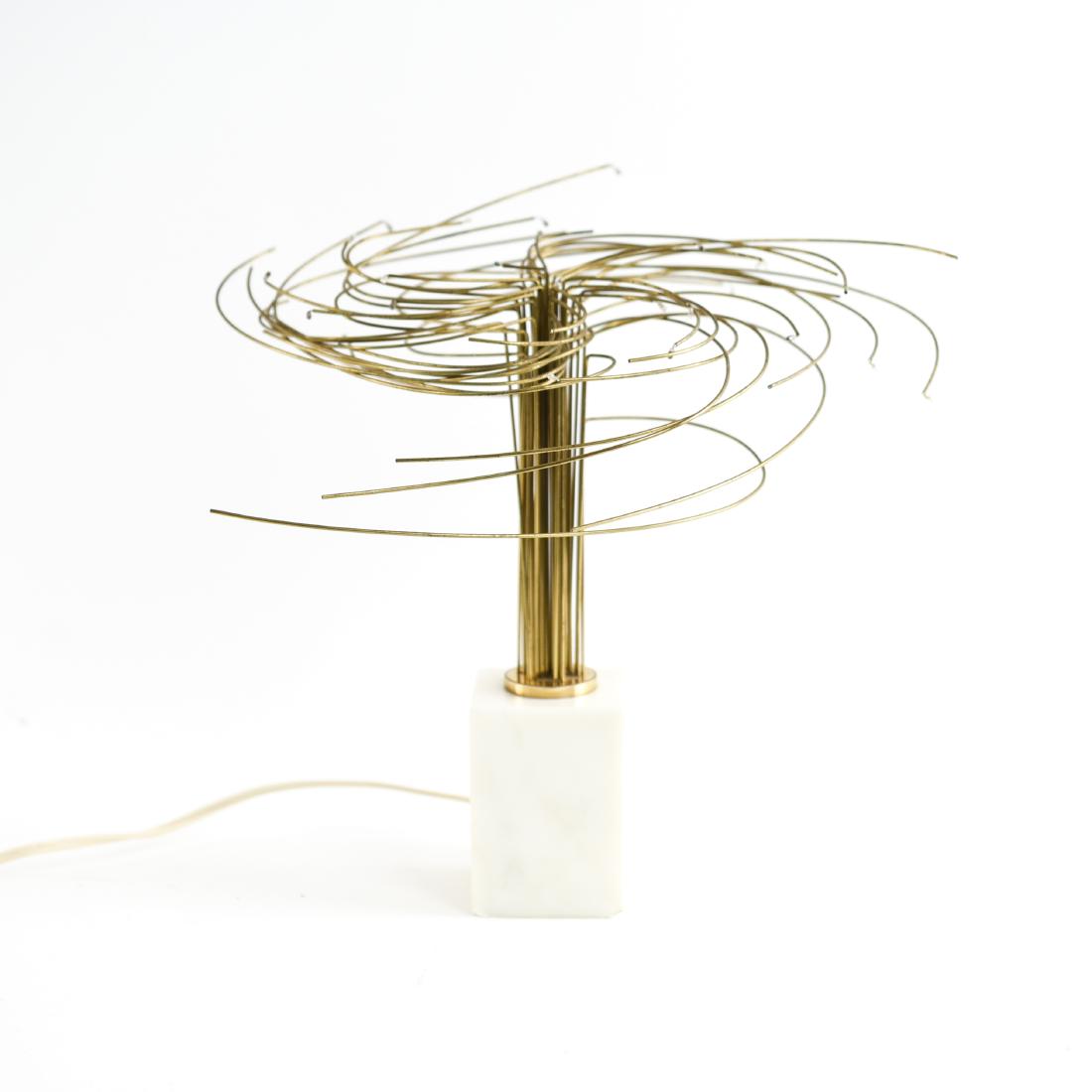 1960S BRASS & MARBLE KINETIC LIGHT SCULPTURE: Dimensions: H 11" x W 11" x D 11" Condition: May need to be rewired. Area of loss to bottom corners of base.