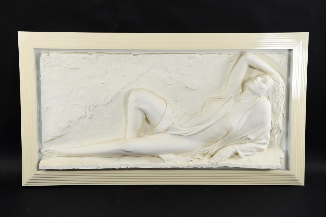 BILL MACK BONDED SAND NUDE SCULPTURE: Signed upper left corner. Dimensions: H 40.5" x W 73.5" Condition: Few chips. Few stains.
