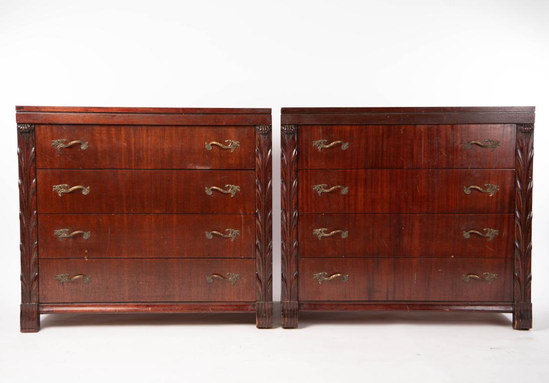 PAIR OF JOHN STUART MID-CENTURY DRESSERS: Dimensions: H 34" x W 38" x D 21" Condition: Scratches, gouges, areas of loss throughout. Some stains inside of drawers.