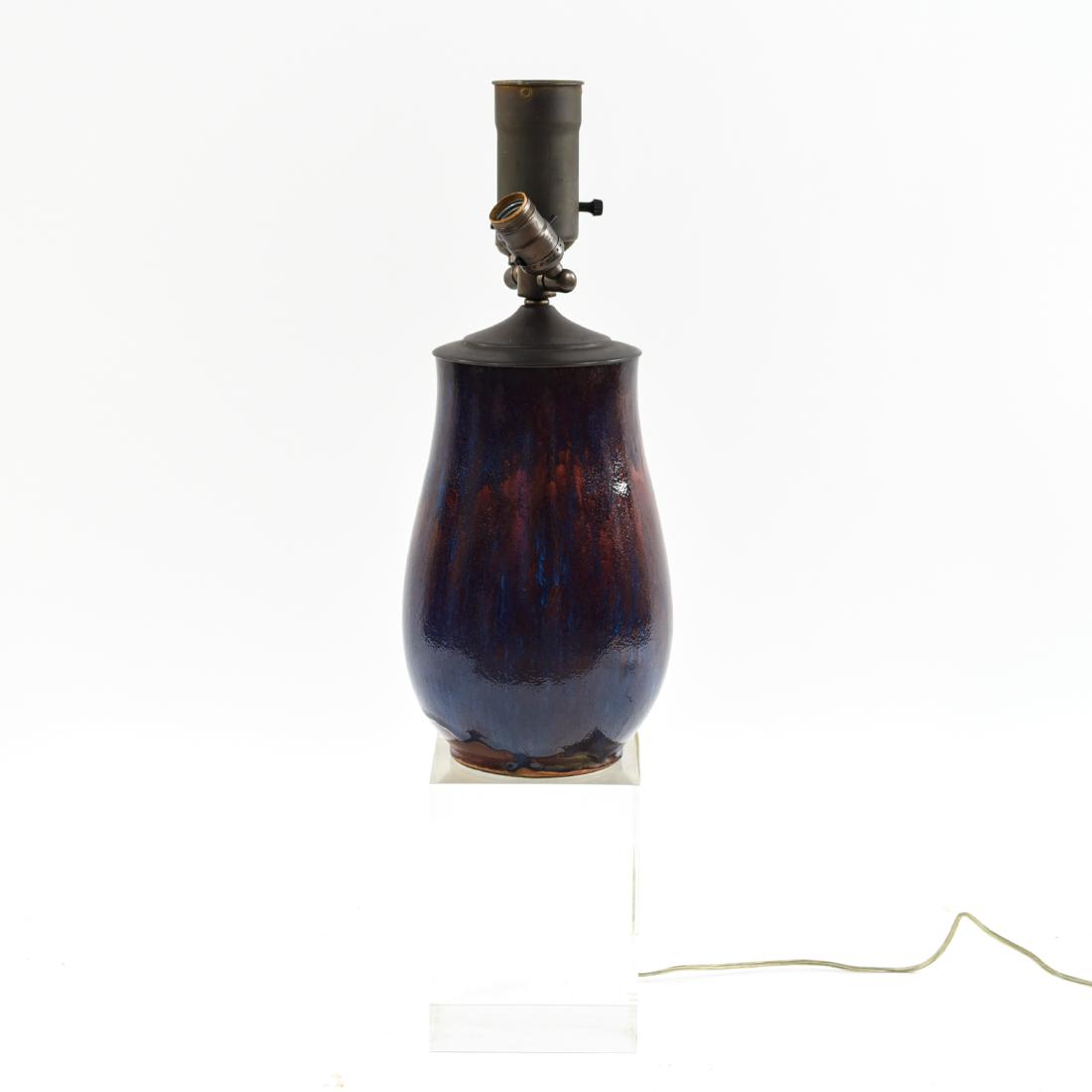 CHINESE FLAMBE GLAZE CERAMIC LAMP ON LUCITE CUBE (1 of 10)