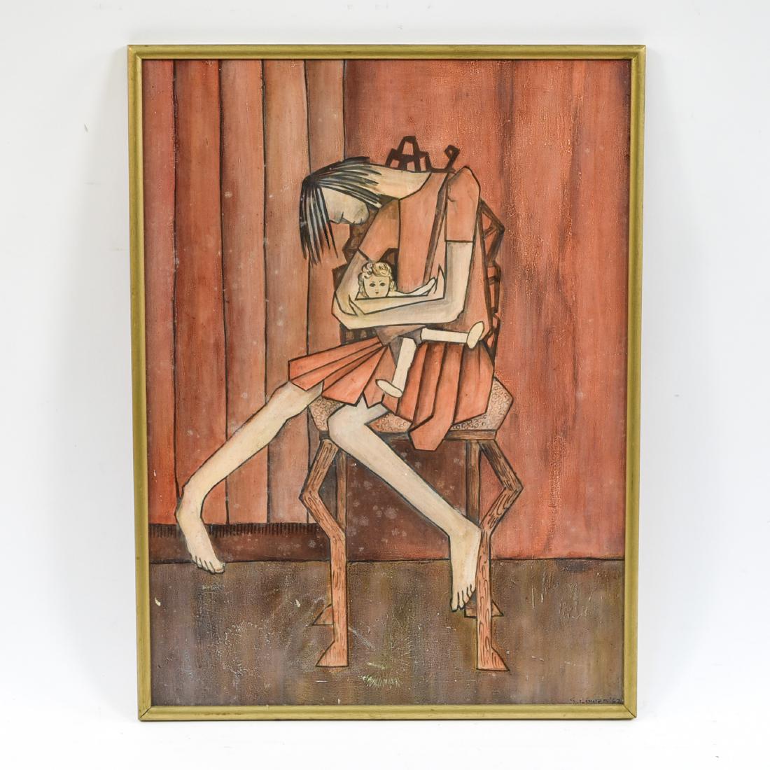 S. COWAN OIL ON MASONITE: Signed and dated '62 lower right. Depicting woman holding girl. Dimensions: (Frame) H 24.75" x W 18.5" Condition: Light wear to paint surface. Few small areas of loss. Surface dirt. CH
