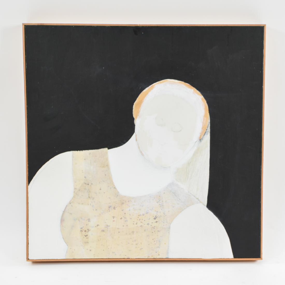 ABSTRACT PORTRAIT BY LAUREN LINDSAY: Signed, dated verso 1970. Abstract oil with mixed media collage. Dimensions: (Frame) H 28.75" x W 29", (Canvas) H 28" x W 28" Condition: No issues to note.