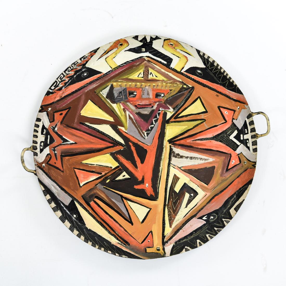 MODERNIST/BRUTALIST PAINTED PAELLA PAN: Inside of pan painted and scratched designs. C. 1950's. Unsigned. Dimensions: H 21.75" x W 23.5" x D 3.75" Condition: Few small dents and scrapes.