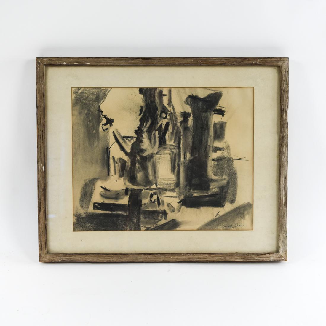 DOROTHY EISNER (AMERICAN 1906-1984): Charcoal modern still life. Pen signed lower right. Original framing. Dimensions: (Frame) H 19" x W 23", (Sight) H 13.25" x W 16.75" Condition: Paper age toned. Mat toned. Frame with small damages. Pr