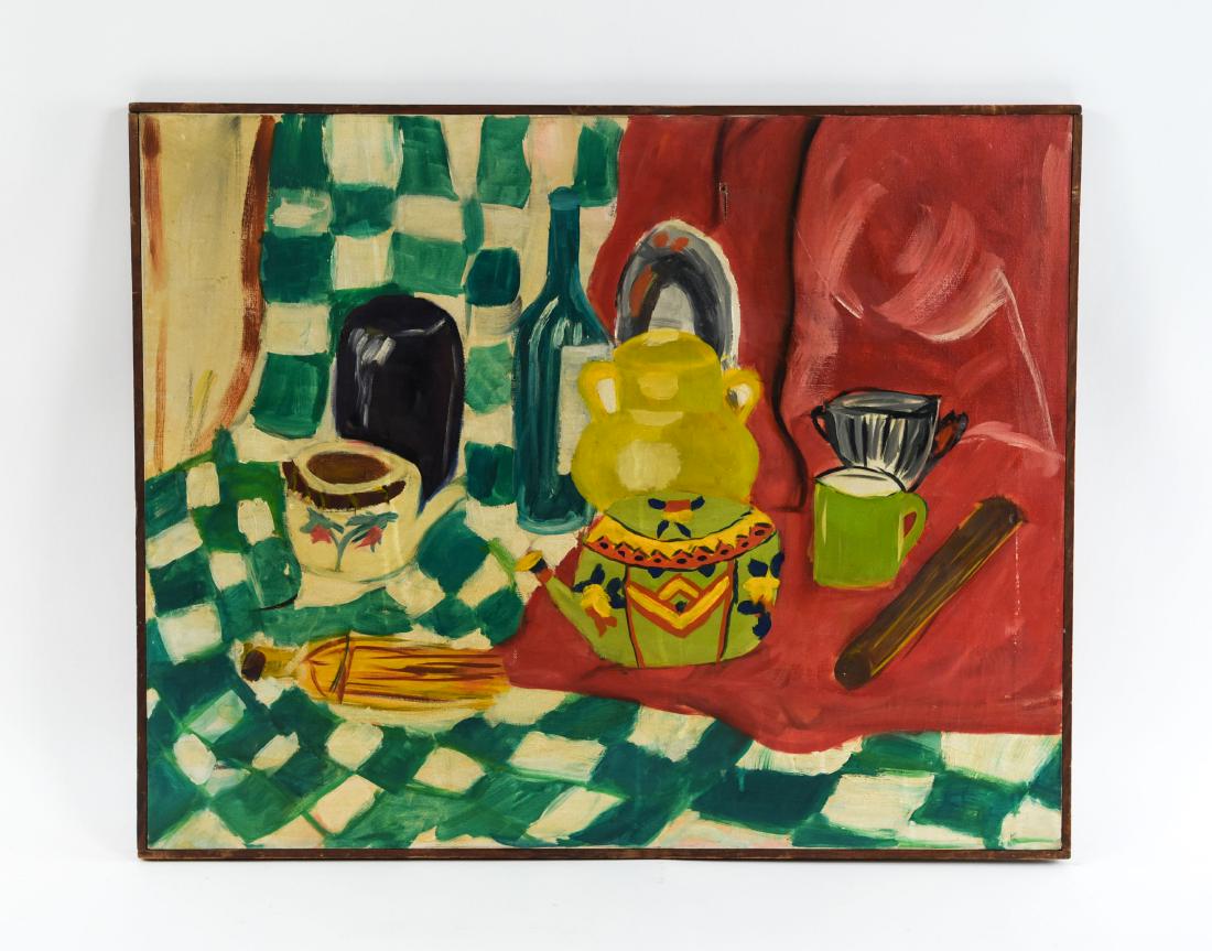 DOROTHY EISNER (AMERICAN 1906-1984): Oil on canvas still life. C. 1950's. Signed verso. Dimensions: (Frame) H 24.75" x W 30.75", (Canvas) H 24" x W 30" Condition: Surface scrapes. Tear upper center. Provenance: From the collection of the