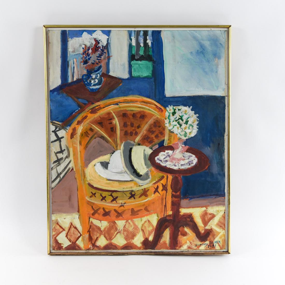 DOROTHY EISNER (AMERICAN 1906-1984): Interior still life. Signed and dated 1981 lower right. Dimensions: (Frame) H 31.5" x W 25.25", (Canvas) H 30" x W 24" Condition: Unvarnished. No issues to note. Provenance: From the collection of the