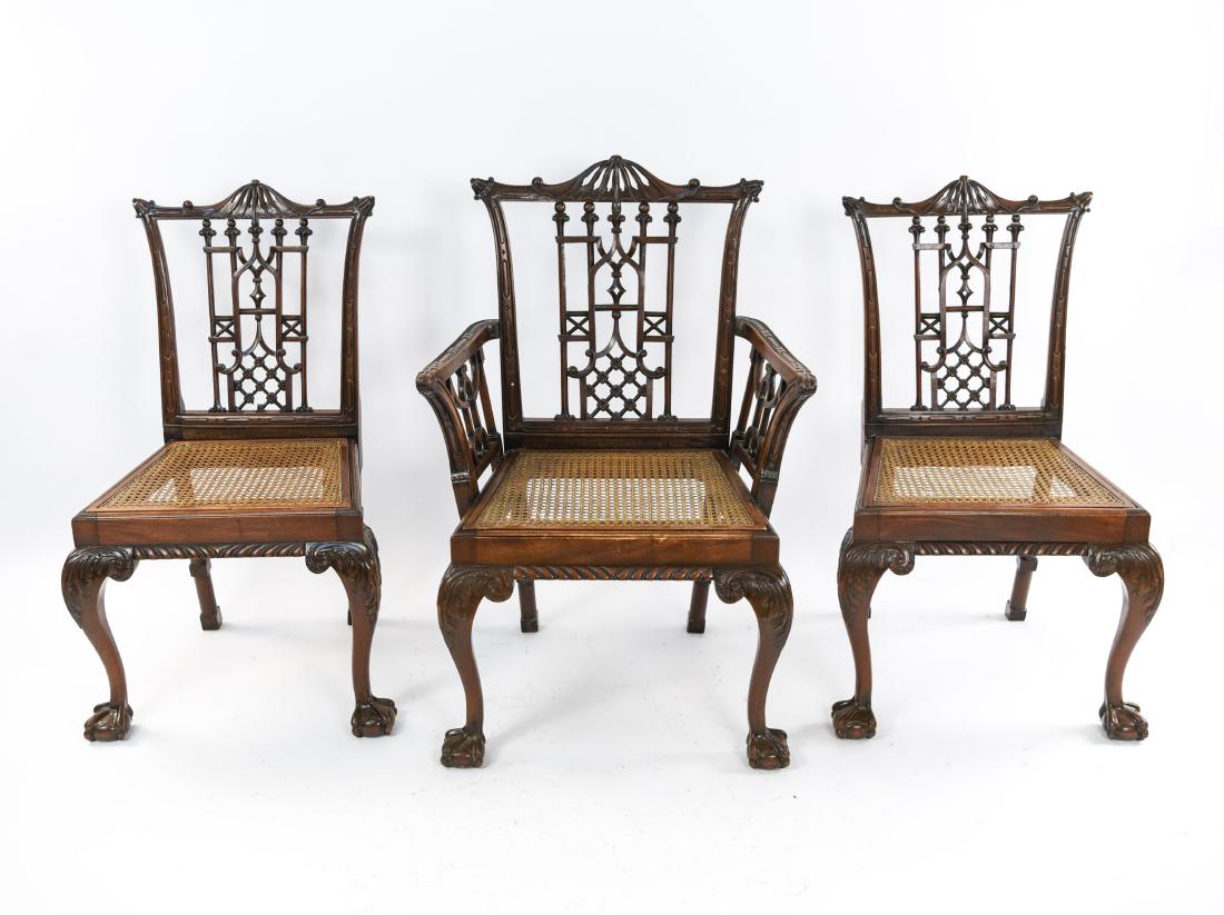 (3) CHINESE CHIPPENDALE CANE SEAT CHAIRS: One armchair and two side chairs. Dimensions: (Armchair) H 40.25" x W 27.5" x D 23" Condition: Some repairs to wood. Nicks, dings, scratches, scuffs, and finish wear. Minor breaks to caned seats.