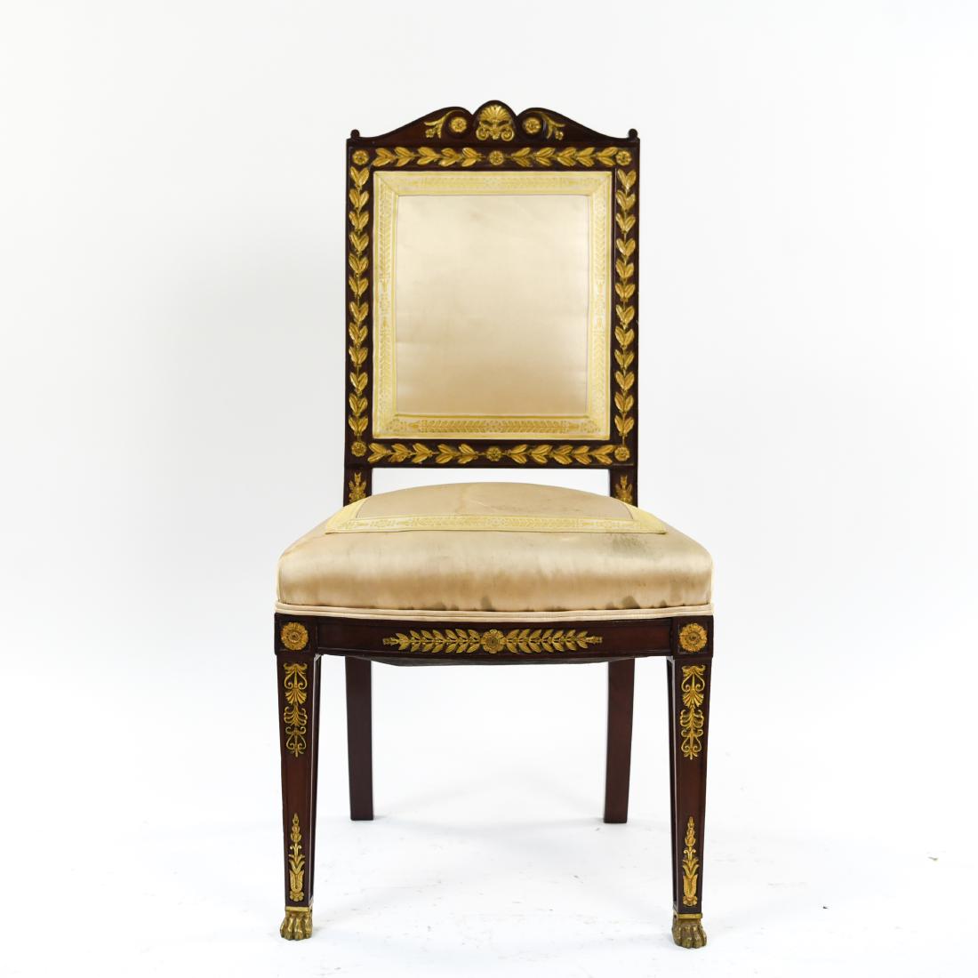 SIDE CHAIR WITH ORMOLU MOUNTS: Dimensions: H 39.75" x W 20.25" x D 18" Condition: Soiling to upholstery. Some nicks and dings. Wear consistent with age and use.