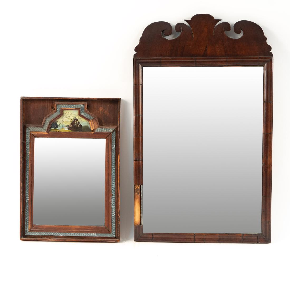 (2) 19TH C. ANTIQUE MIRRORS: One mahogany veneer and beveled glass, other in shadow box frame with glass decorations surrounding. Dimensions: (Larger) H 26" x W 16" Condition: Both with losses and damages.