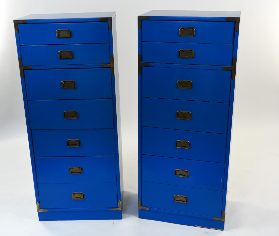 PAIR CAMPAIGN STYLE BLUE TALL CHESTS OF DRAWERS (1 of 17)