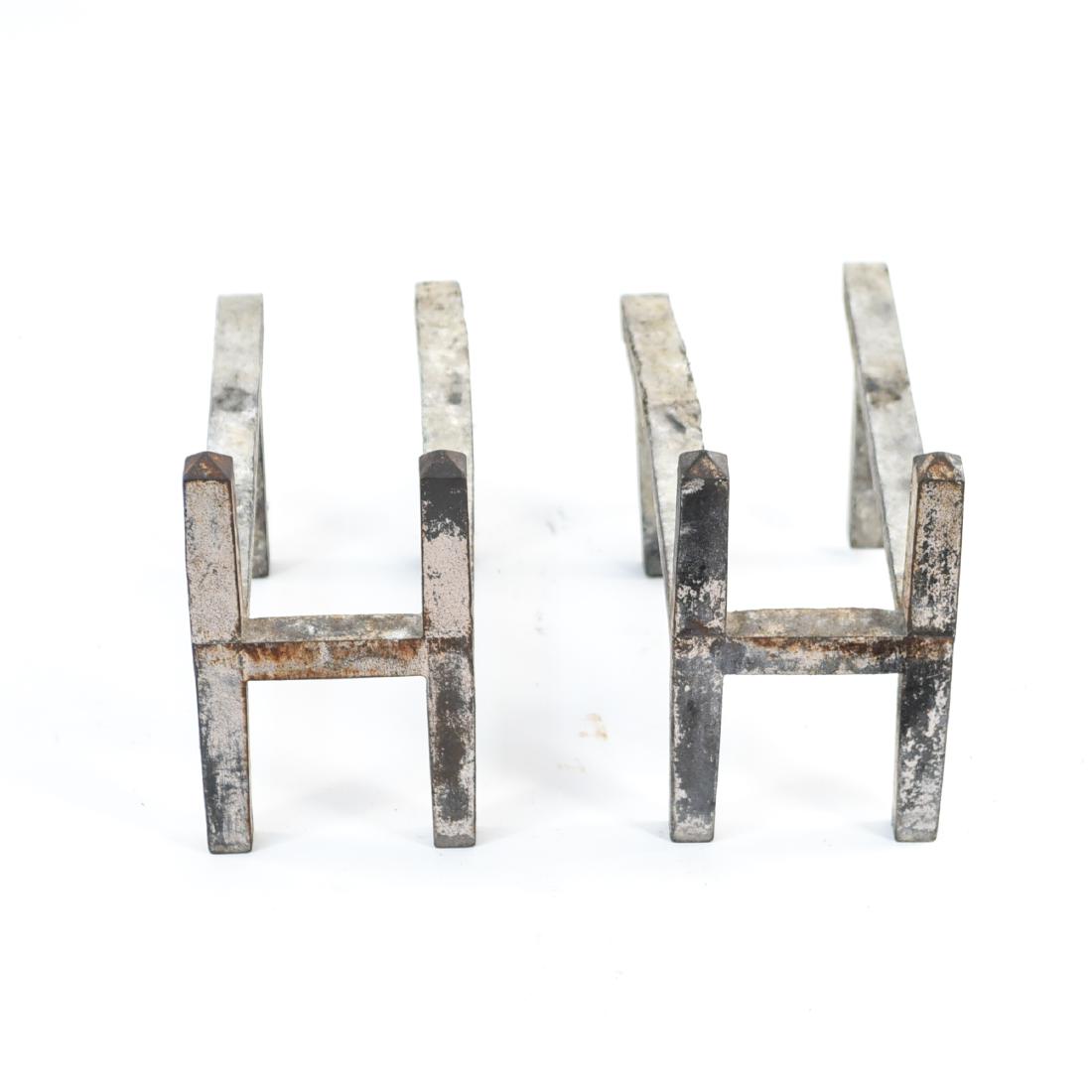 PAIR OF H-FORM ANDIRONS: Dimensions: H 9" x W 5.5" x D 16" Condition: Heavy wear consistent with age and use.