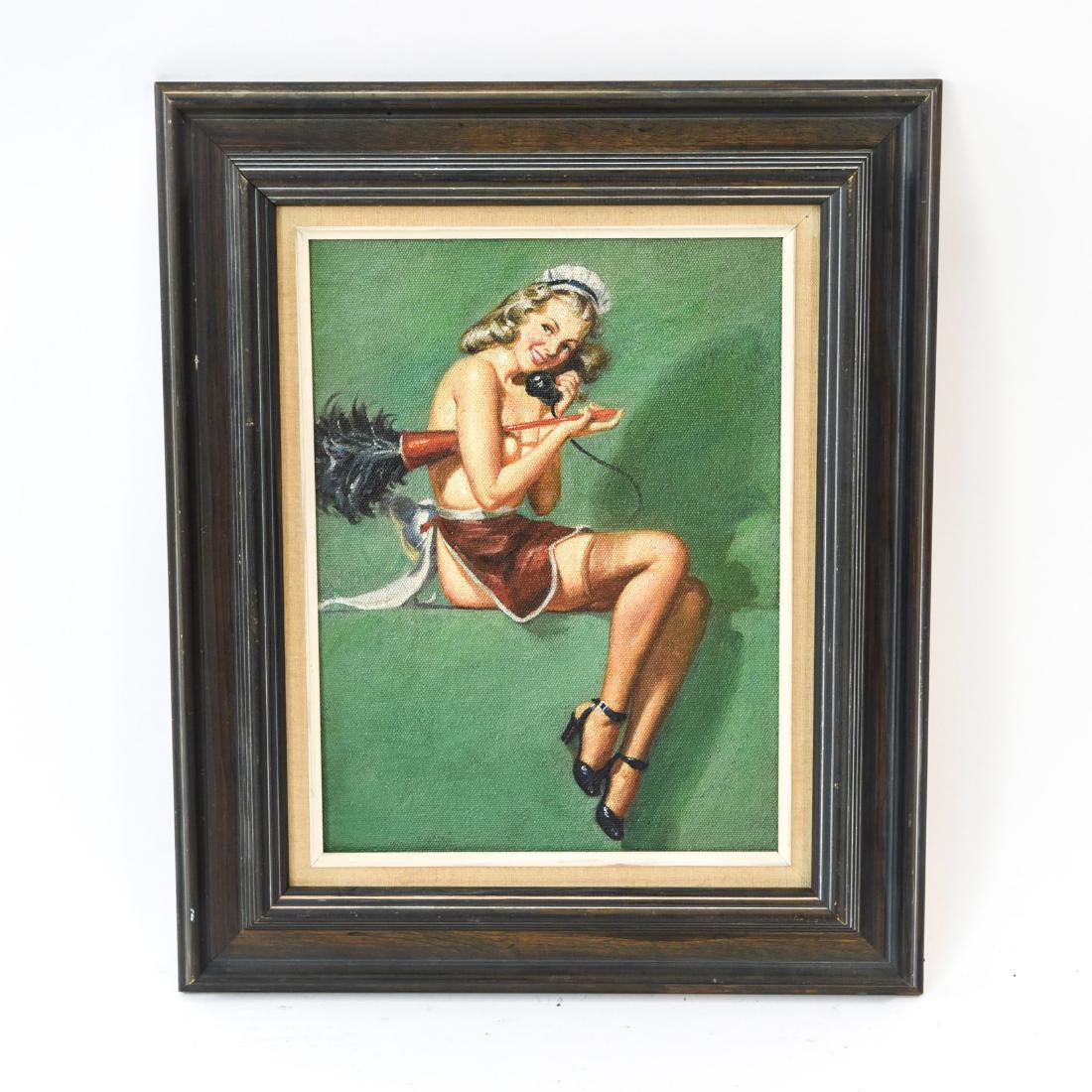 PIN UP MODEL OIL ON CANVAS MANNER OF GIL ELVGREN: Dimensions: (Frame) H 22.75" x W 18.5", (Sight) H 15.5" x W 11.5" Condition: Minor wear to frame.