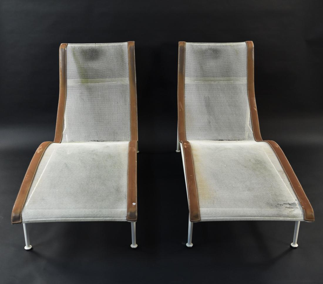 (2) RICHARD SCHULTZ FOR KNOLL LOUNGES: Dimensions: H 33.25" x W 63" x D 23.25" Condition: As is. Some tears and holes to both. In need of cleaning. Wear consistent with outdoor exposure, age, and use. Discoloration.