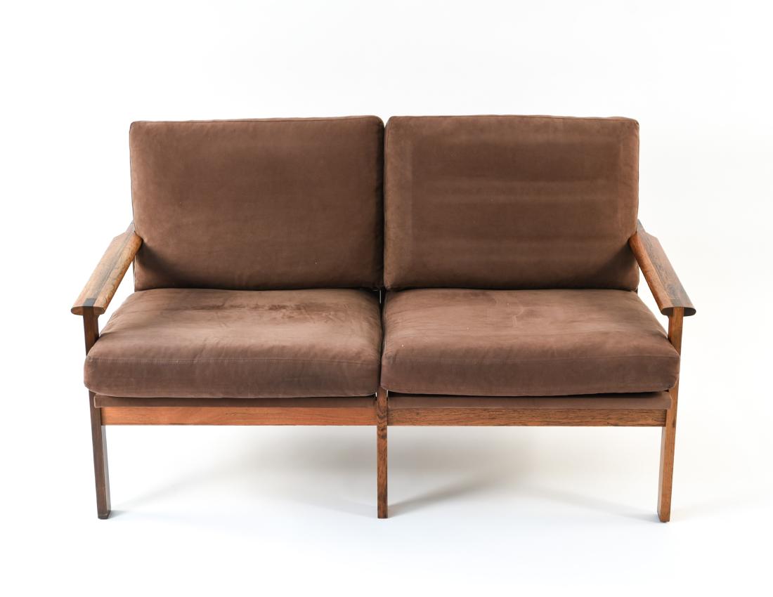 ILLUM WIKKELSO ROSEWOOD SOFA , NIELS EILERSEN: Danish, mid-century. Dimensions: H 29" x W 51" x D 29" x SH 16" Condition: Wear consistent with age and use. Minor fading. WPA059
