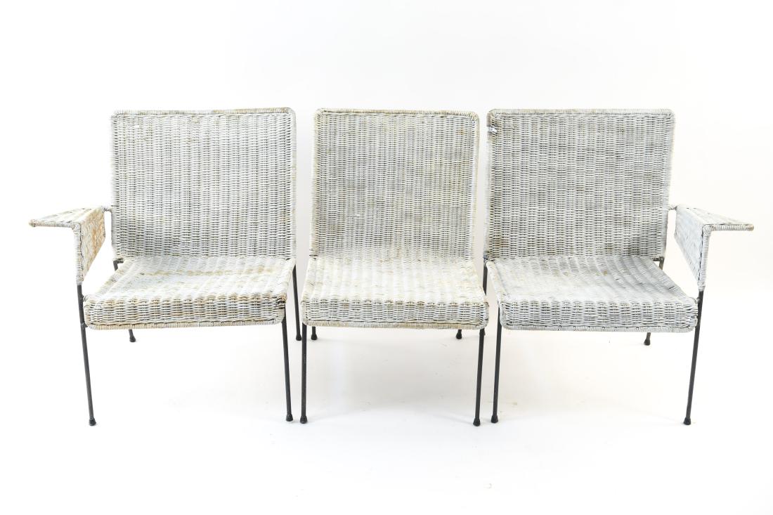 WICKER & IRON SECTIONAL SEAT BY VAN KEPPEL-GREEN: Three pieces. No maker's tag. Dimensions: (Overall) H 30" x W 73" x D 24" x SH 16" Condition: Loss of paint throughout. Signs of rust to metal base. Some breaks to wicker.