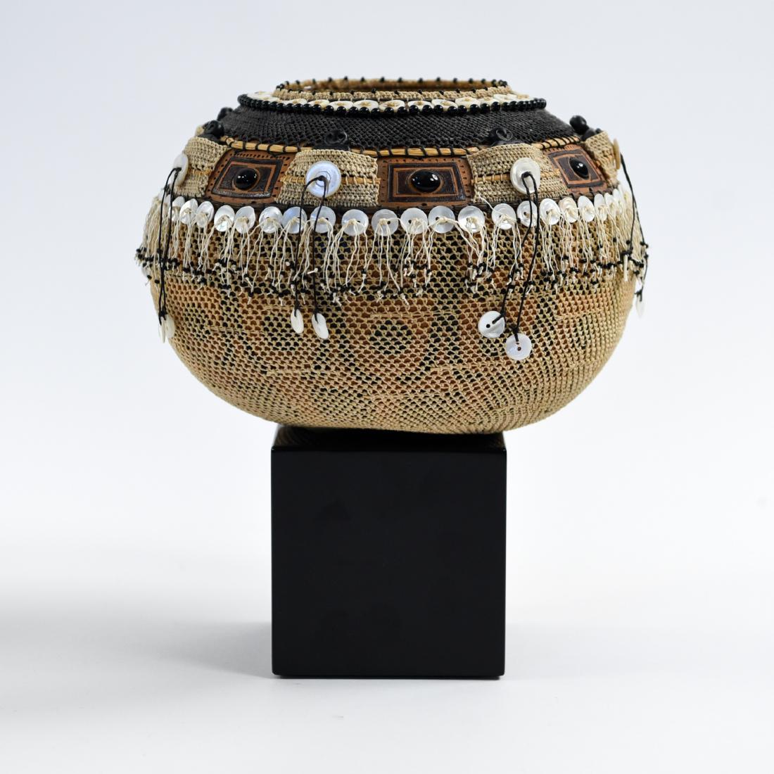 BUTTONS, STRING, & LEATHER SCULPTURAL VASE (1 of 15)