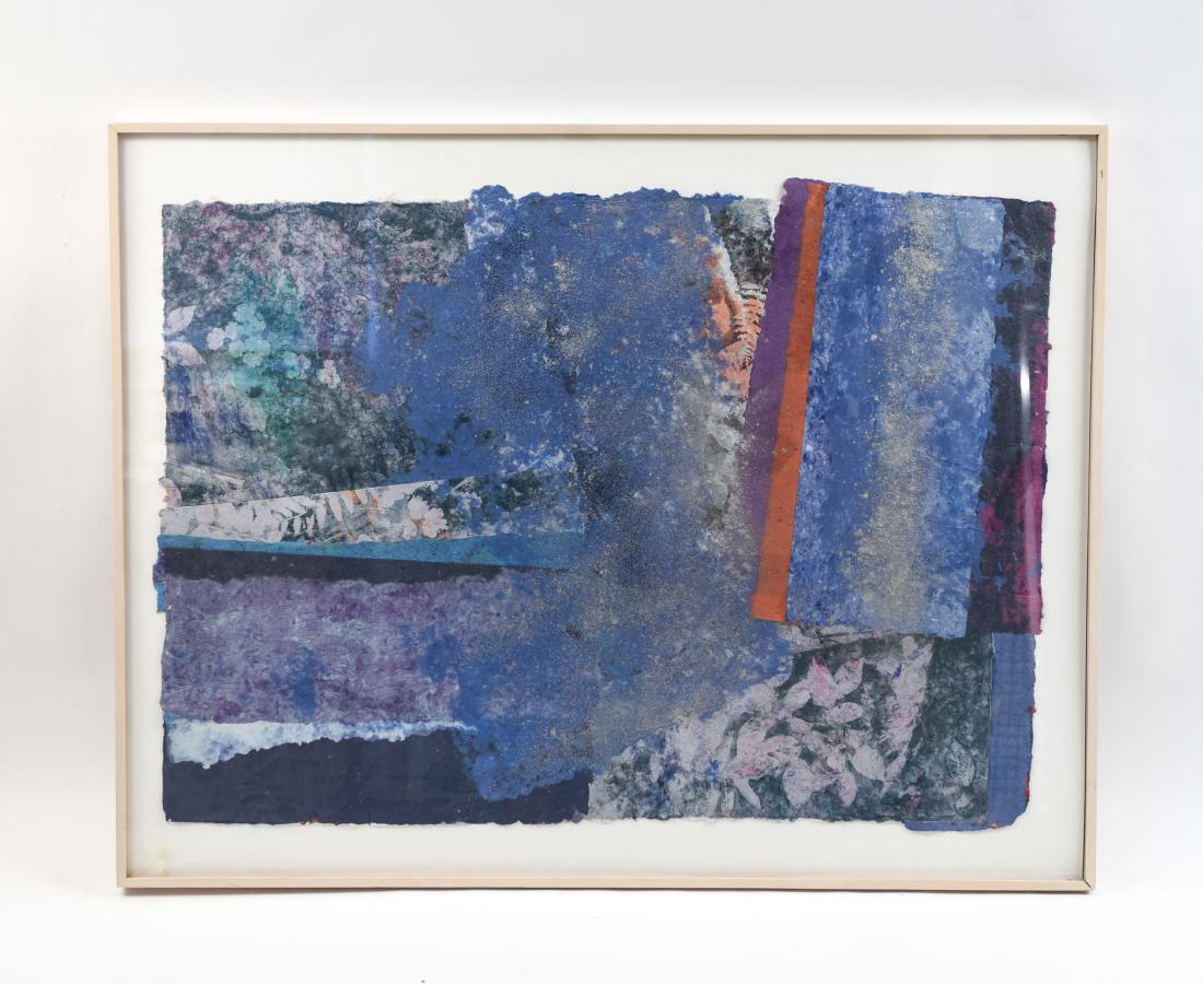 MARGIE HUGHTO MIXED MEDIA: "Never Ending Search"; 1989. Dimensions: (Frame) H 38.5“ x W 49.75“ (Sight) H 32“ x W 45“ Condition: Couple marks to the frame. M917