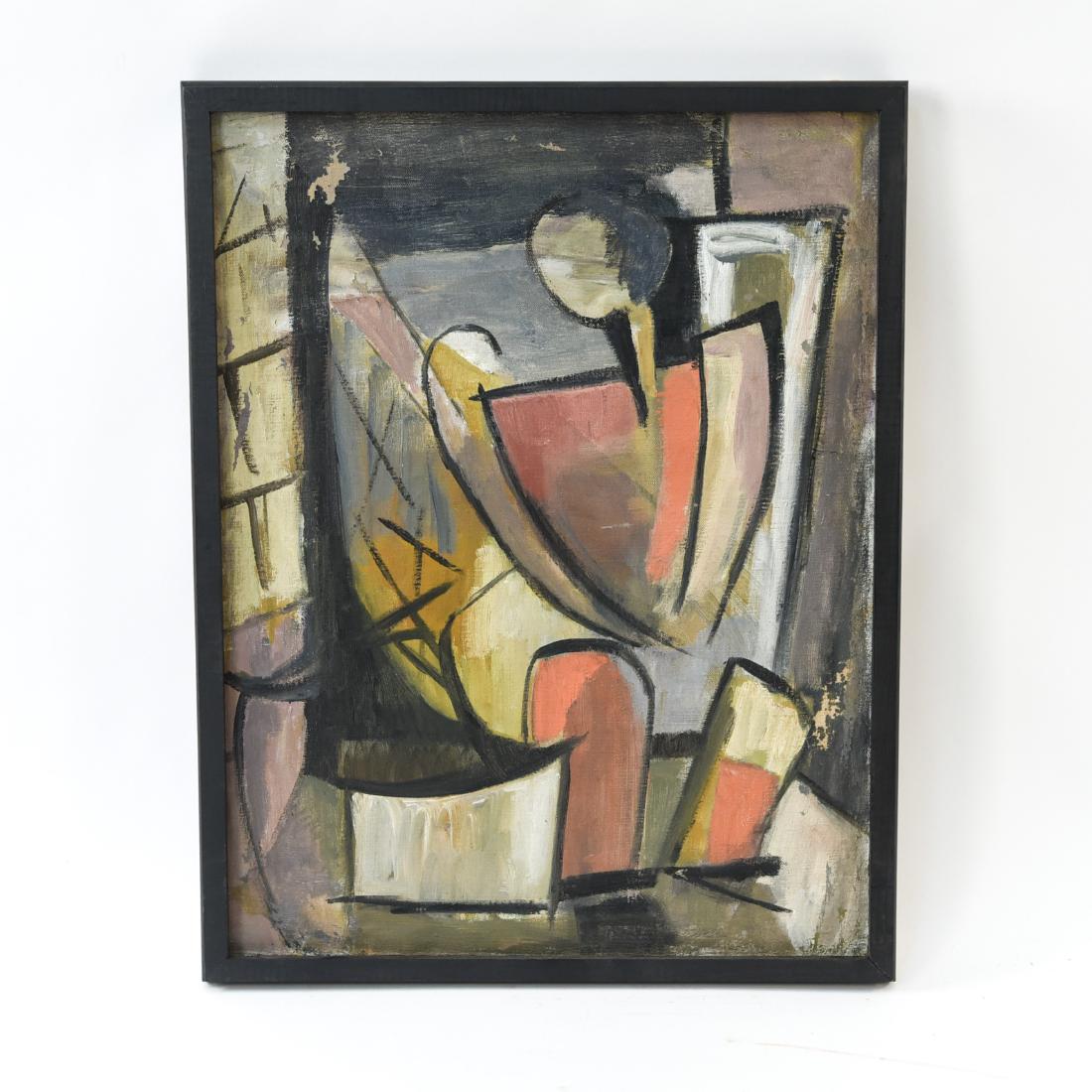 MID-CENTURY CUBIST FIGURE 1950S OIL ON CANVAS: Unsigned. Dimensions: (Frame) H 26.75" x W 20.75", (Sight) H 25.25" x W 19.25" Condition: Paint loss.