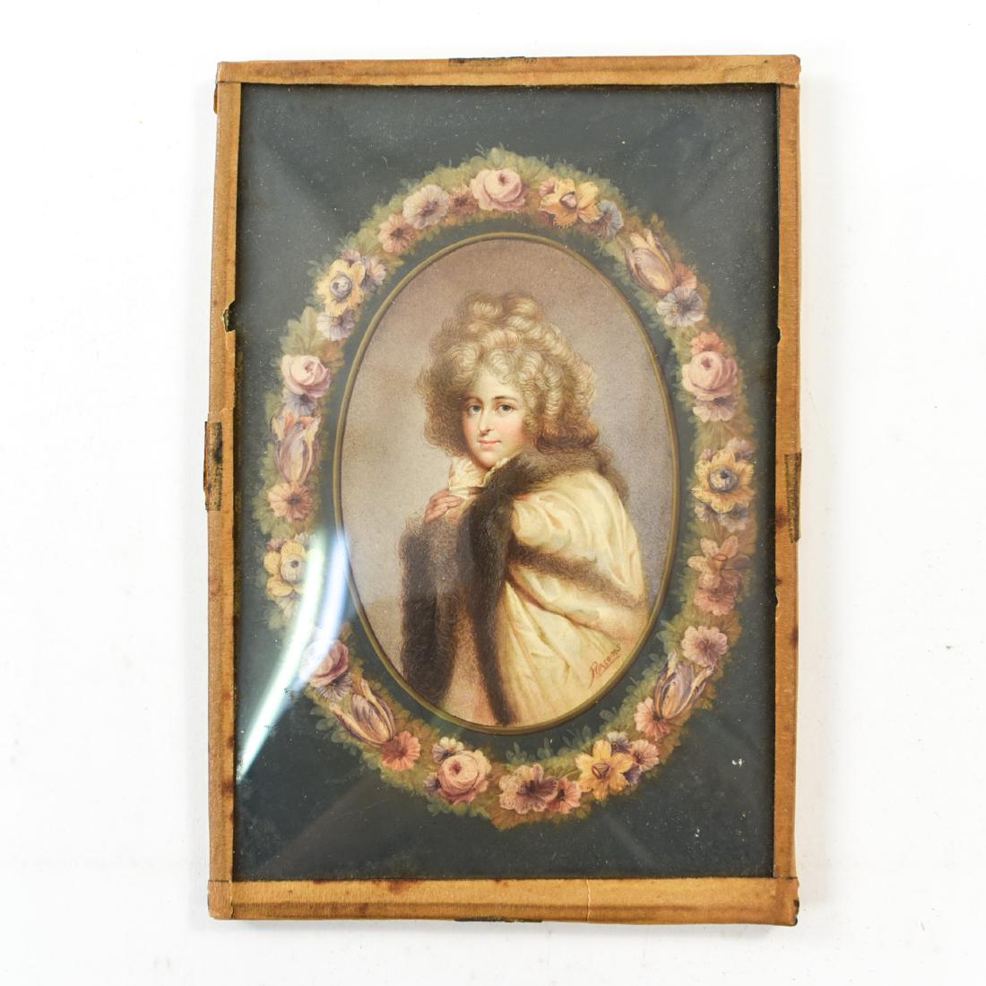 PORTRAIT OF WOMAN IN CONVEX GLASS: A woman in a fur coat. Watercolor, signed lower right: Pursoms. Not framed. Dimensions: H 7.5" x W 5" Condition: Discoloration to tape around edges. Provenance: Arthur and Joe Robinson Collection, Har