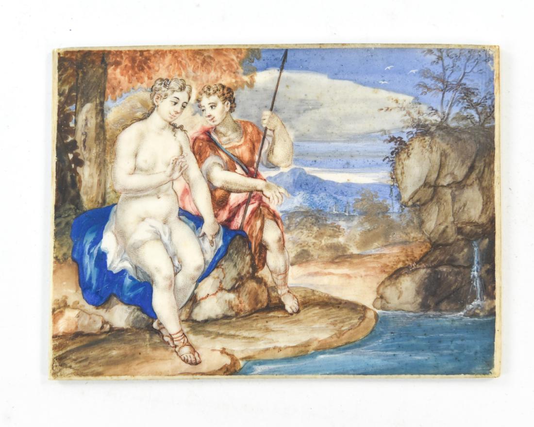 MINIATURE PAINTING OF CLASSICAL FIGURES: Watercolor, not signed or framed. Dimensions: H 3" x W 4" Condition: Surface dirt. Provenance: Arthur and Joe Robinson Collection, Harrison, New York.