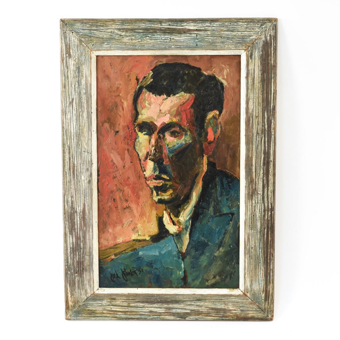 EXPRESSIONIST PAINTING BY JACK JOHNSON: Oil on board portrait. Signed Jack Johnson and dated '51 lower left. Dimensions: (Frame) H 33.25" x W 23.5", (Sight) H 25.5" x W 15.25" Condition: Marks and wear to frame.