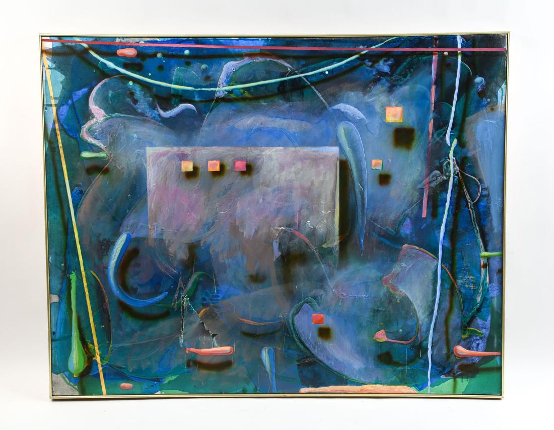 WADE THOMPSON (1946-) ACRYLIC ON CANVAS: "Confetti." Dimensions: (Frame) H 49“ x W 61“ (Sight) H 48“ x W 60“ Condition: Large tear near lower edge. Light wear to frame. ML671