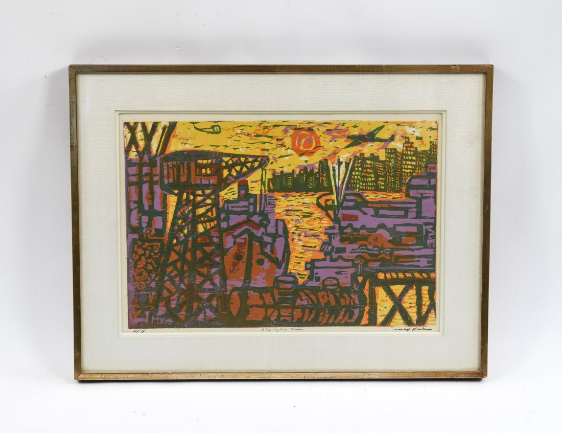 MAX KAHN (RUSSIAN/ AMERICAN 1902-2005) WOODCUT: "Along the River" 11/11. Editioned, titled, signed lower edge. Dimensions: (Frame) H 22.5" x W 29.75", (Sight) H 16" x W 23" Condition: No issues to note. M591
