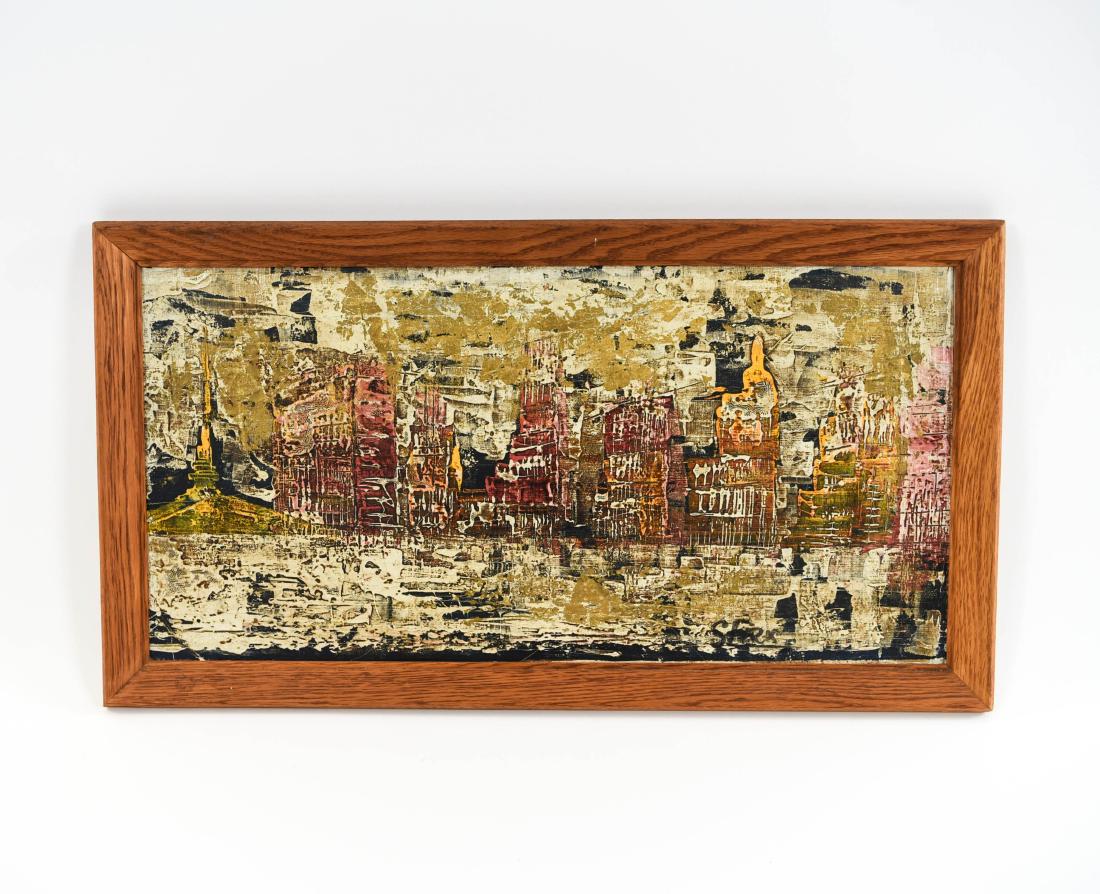 ABSTRACT CITYSCAPE OIL PAINTING: Signed lower right illegibly. Canvas stapled to board. Signed and titled on overlap. Dimensions: (Frame) H 14.5" x W 26.5", (Sight) H 11.75" x W 23.75" Condition: Craquelure.
